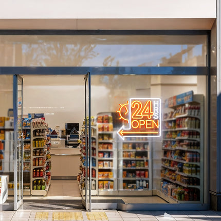 Golden Yellow Clock 24 Hrs Left Arrow & Open Neon Sign