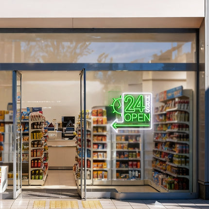 Green Clock 24 Hrs Left Arrow & Open Neon Sign