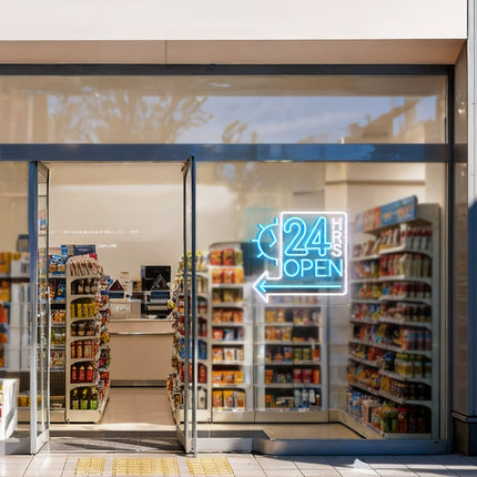 Ice Blue Clock 24 Hrs Left Arrow & Open Neon Sign