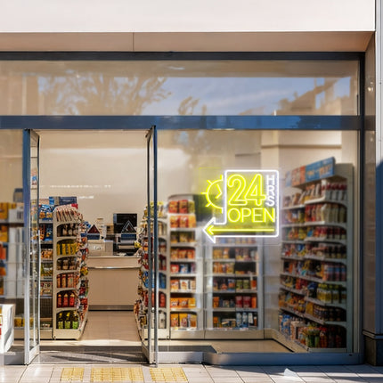 Lemon Yellow Clock 24 Hrs Left Arrow & Open Neon Sign