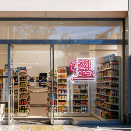 Light Pink Clock 24 Hrs Left Arrow & Open Neon Sign