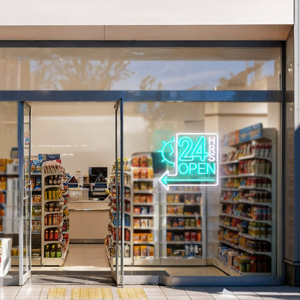 Mint Clock 24 Hrs Left Arrow & Open Neon Sign