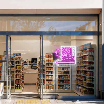 Pink Clock 24 Hrs Left Arrow & Open Neon Sign