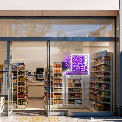 Purple Clock 24 Hrs Left Arrow & Open Neon Sign