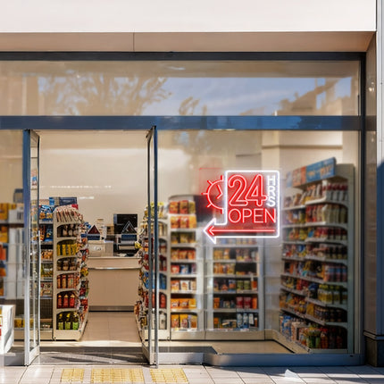 Red Clock 24 Hrs Left Arrow & Open Neon Sign