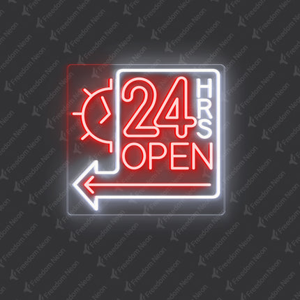 Red Clock 24 Hrs Left Arrow & Open Neon Sign