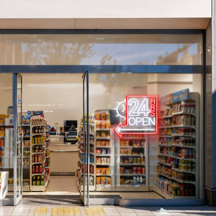 White Clock 24 Hrs Left Arrow & Open Neon Sign