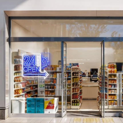 Blue Clock 24 Hrs Right Arrow & Open Neon Sign