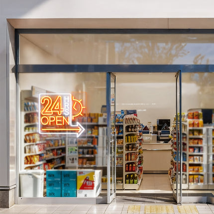 Golden Yellow Clock 24 Hrs Right Arrow & Open Neon Sign