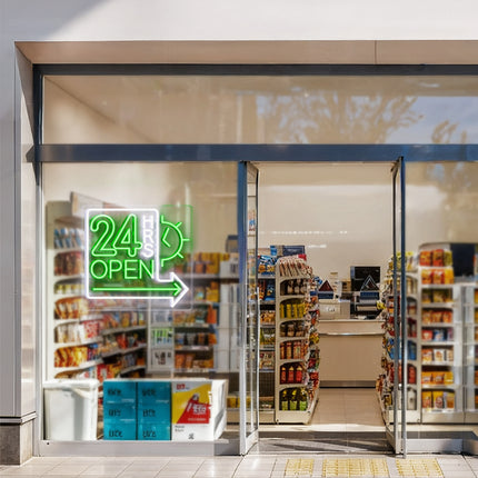 Green Clock 24 Hrs Right Arrow & Open Neon Sign