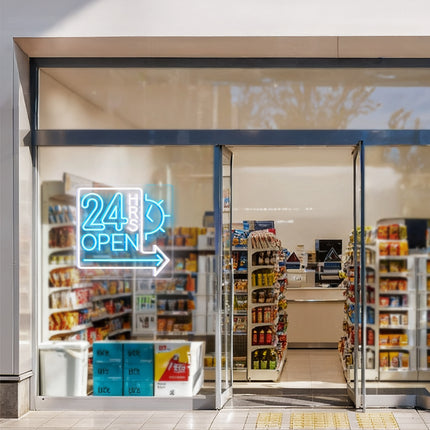 Ice Blue Clock 24 Hrs Right Arrow & Open Neon Sign