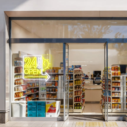 Lemon Yellow Clock 24 Hrs Right Arrow & Open Neon Sign