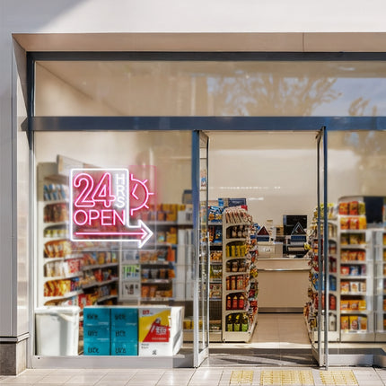 Light Pink Clock 24 Hrs Right Arrow & Open Neon Sign