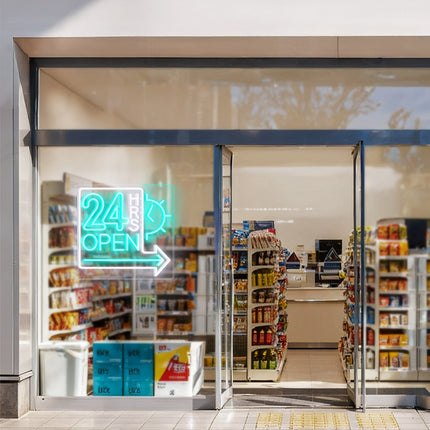 Mint Clock 24 Hrs Right Arrow & Open Neon Sign