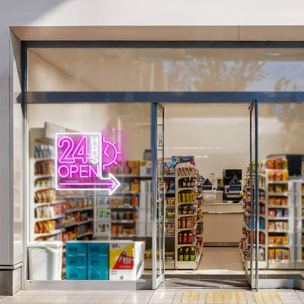 Pink Clock 24 Hrs Right Arrow & Open Neon Sign