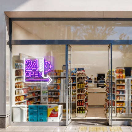 Purple Clock 24 Hrs Right Arrow & Open Neon Sign