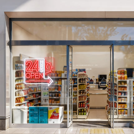 Red Clock 24 Hrs Right Arrow & Open Neon Sign