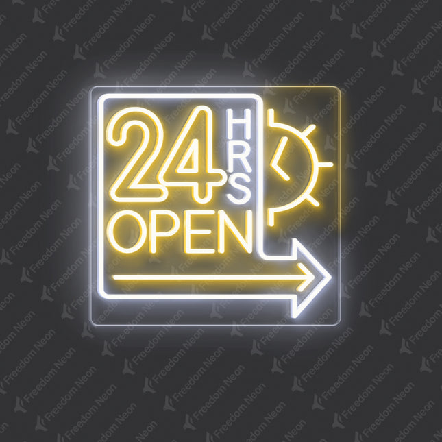 Warm White Clock 24 Hrs Right Arrow & Open Neon Sign