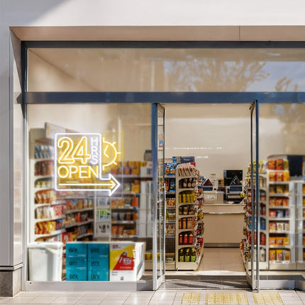 Warm White Clock 24 Hrs Right Arrow & Open Neon Sign