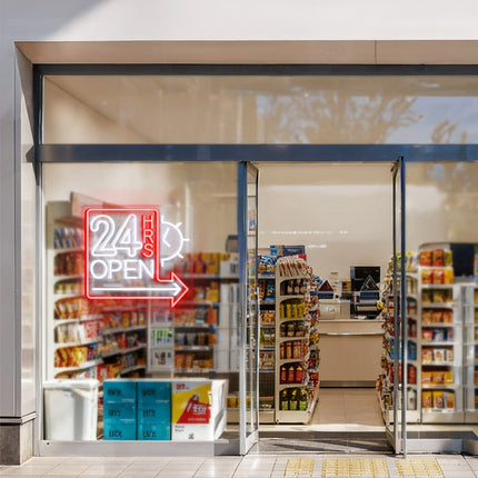 White Clock 24 Hrs Right Arrow & Open Neon Sign