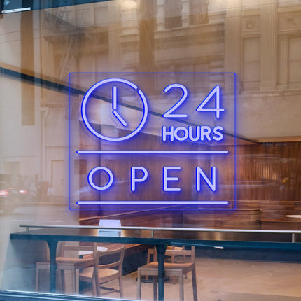 Blue "Clock Open 24 Hours" Neon Sign