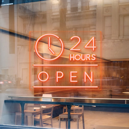 Golden Yellow "Clock Open 24 Hours" Neon Sign