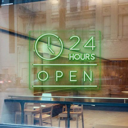 Green "Clock Open 24 Hours" Neon Sign