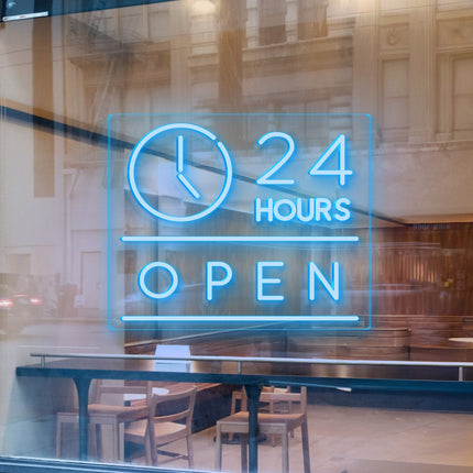 Ice Blue "Clock Open 24 Hours" Neon Sign