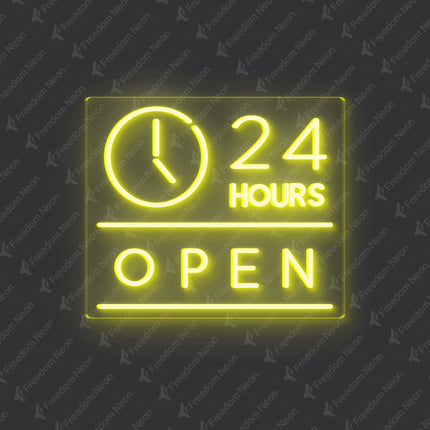 Lemon Yellow "Clock Open 24 Hours" Neon Sign
