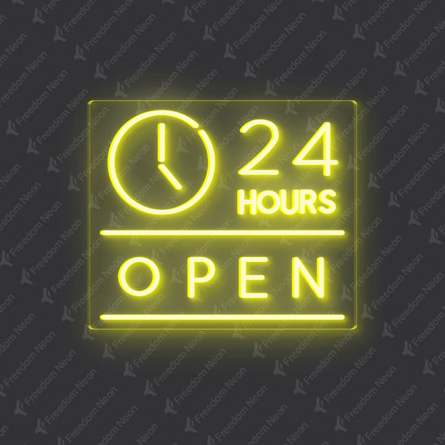 Lemon Yellow "Clock Open 24 Hours" Neon Sign