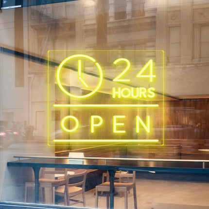Lemon Yellow "Clock Open 24 Hours" Neon Sign