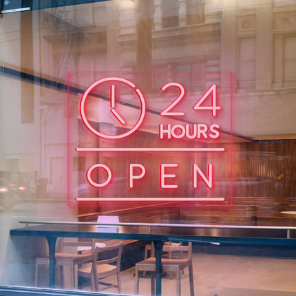 Light Pink "Clock Open 24 Hours" Neon Sign