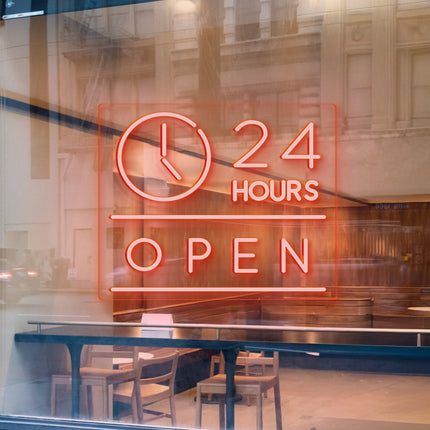 Orange "Clock Open 24 Hours" Neon Sign