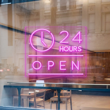 Pink "Clock Open 24 Hours" Neon Sign