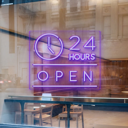 Purple "Clock Open 24 Hours" Neon Sign
