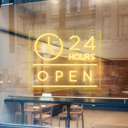 Warm White "Clock Open 24 Hours" Neon Sign