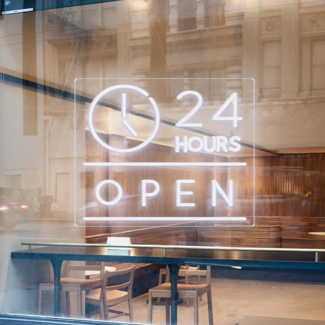 White "Clock Open 24 Hours" Neon Sign