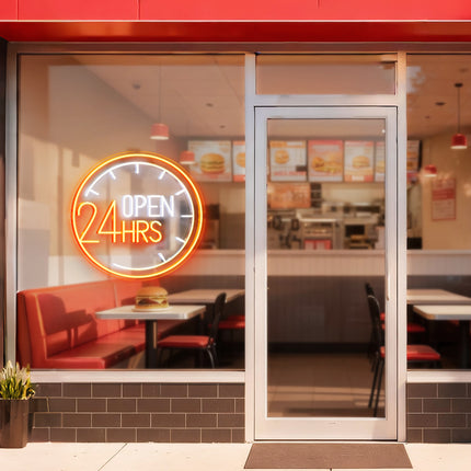 Golden Yellow Clock & Open 24 Hrs Neon Sign