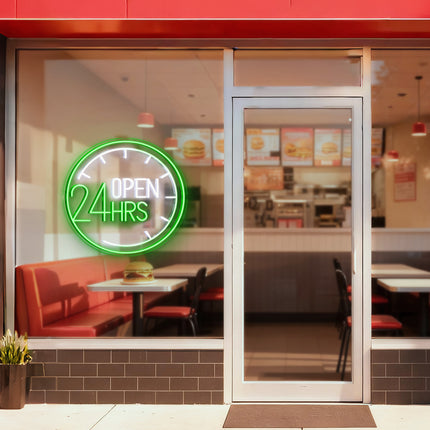 Green Clock & Open 24 Hrs Neon Sign