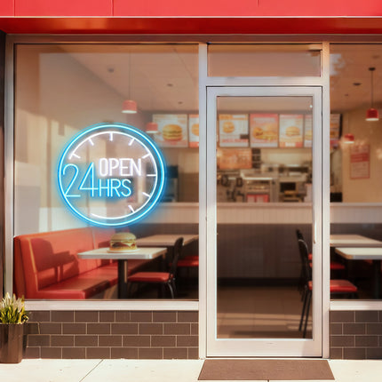 Ice Blue Clock & Open 24 Hrs Neon Sign