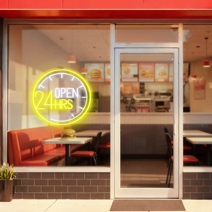 Lemon Yellow Clock & Open 24 Hrs Neon Sign
