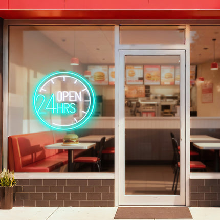 Mint Clock & Open 24 Hrs Neon Sign
