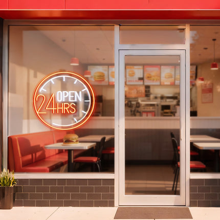 Orange Clock & Open 24 Hrs Neon Sign