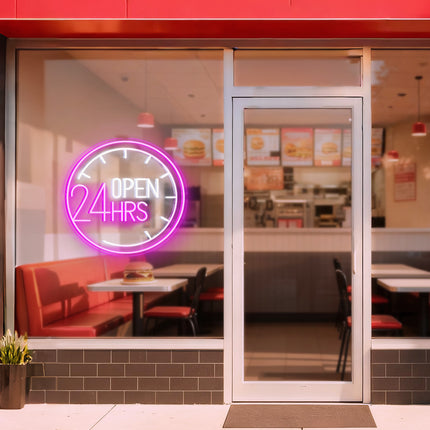 Pink Clock & Open 24 Hrs Neon Sign