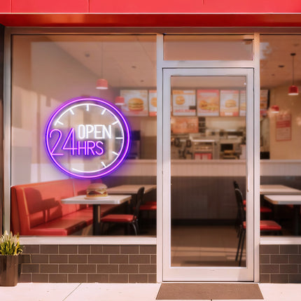 Purple Clock & Open 24 Hrs Neon Sign