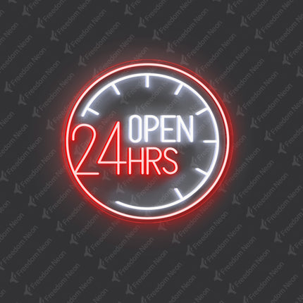 Red Clock & Open 24 Hrs Neon Sign