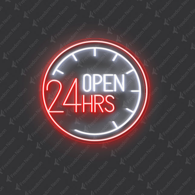 Red Clock & Open 24 Hrs Neon Sign