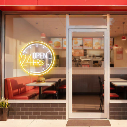 Warm White Clock & Open 24 Hrs Neon Sign