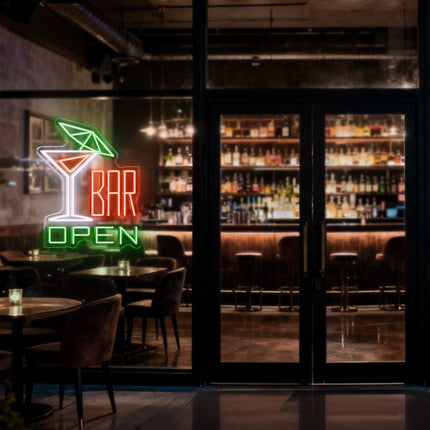 Cocktail Glass Bar Green OPEN Neon Sign
