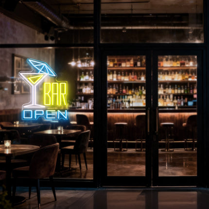 Cocktail Glass Bar Ice Blue OPEN Neon Sign